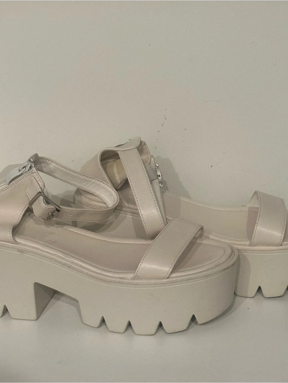 Women White Chunky Platform Lug Sole Sandals Ankle Strap Zipper Block Heel Sz:10